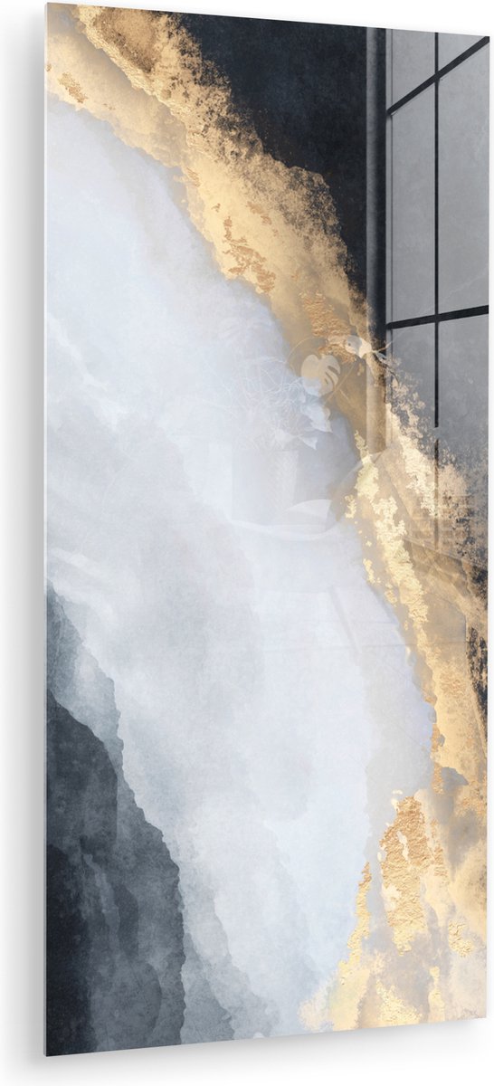 MuchoWow® Glasschilderij 60x120 cm - Schilderij acrylglas - Abstract - Verf - Goud - Zwart - Marmer - Foto op glas - Muurdecoratie woonkamer - Wanddecoratie slaapkamer - Schilderijen