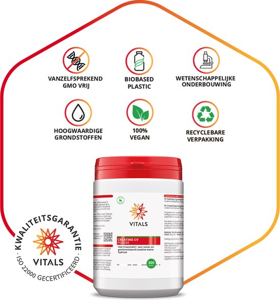 Witte pot met rode dop, Vitals Creatine-CV poeder met keurmerken zoals '100% Vegan'.