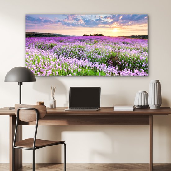 Décoration murale Métal - Aluminium Peinture Industrielle - Lavande - Fleurs - Coucher de soleil - Violet - Prairie - 120x60 cm - Dibond - Photo sur aluminium - Décoration murale industrielle - Pour le salon / chambre