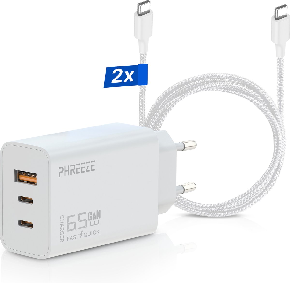 65W USB-C Oplader 3 Poorten met USB C naar USB C Kabels 2 Meter - Snellader