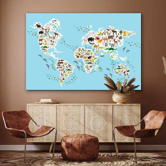 Décoration murale Métal - Peinture Aluminium - Wereldkaart - Enfants - Couleurs - Animaux - 180x120 cm