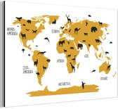 Décoration murale Métal - Peinture Aluminium - Wereldkaart - Enfants - Jaune - Animaux - 180x120 cm