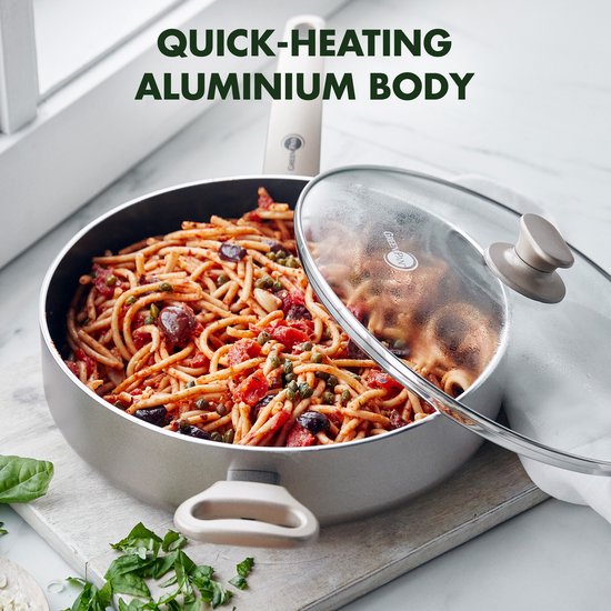 GreenPan Cambridge Hapjespan 28cm met deksel - 4.2L – PFAS-vrije antikleeflaag – Hapjespan inductie – Keramische pan - Ovenbestendig tot 160°C - Koudgrepen - Glazen deksel - Brons