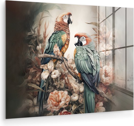 MuchoWow® Peinture sur verre 80x60 cm - Peinture sur verre acrylique - Perroquets - Vogels - Nature - Fleurs - Photo sur verre - Décoration murale salon - Décoration murale chambre - Peintures