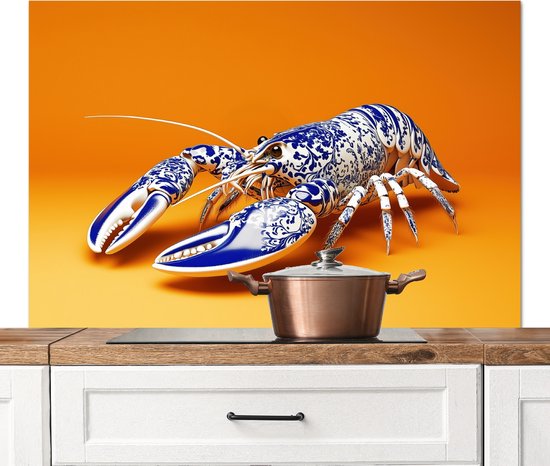 Crédence de Cuisinière en Aluminium 120x80 cm - Homard - Bleu de Delft - Bouclier - Dur - Orange - Écran Pare-éclaboussures pour Plaque de Cuisson - Protection Murale