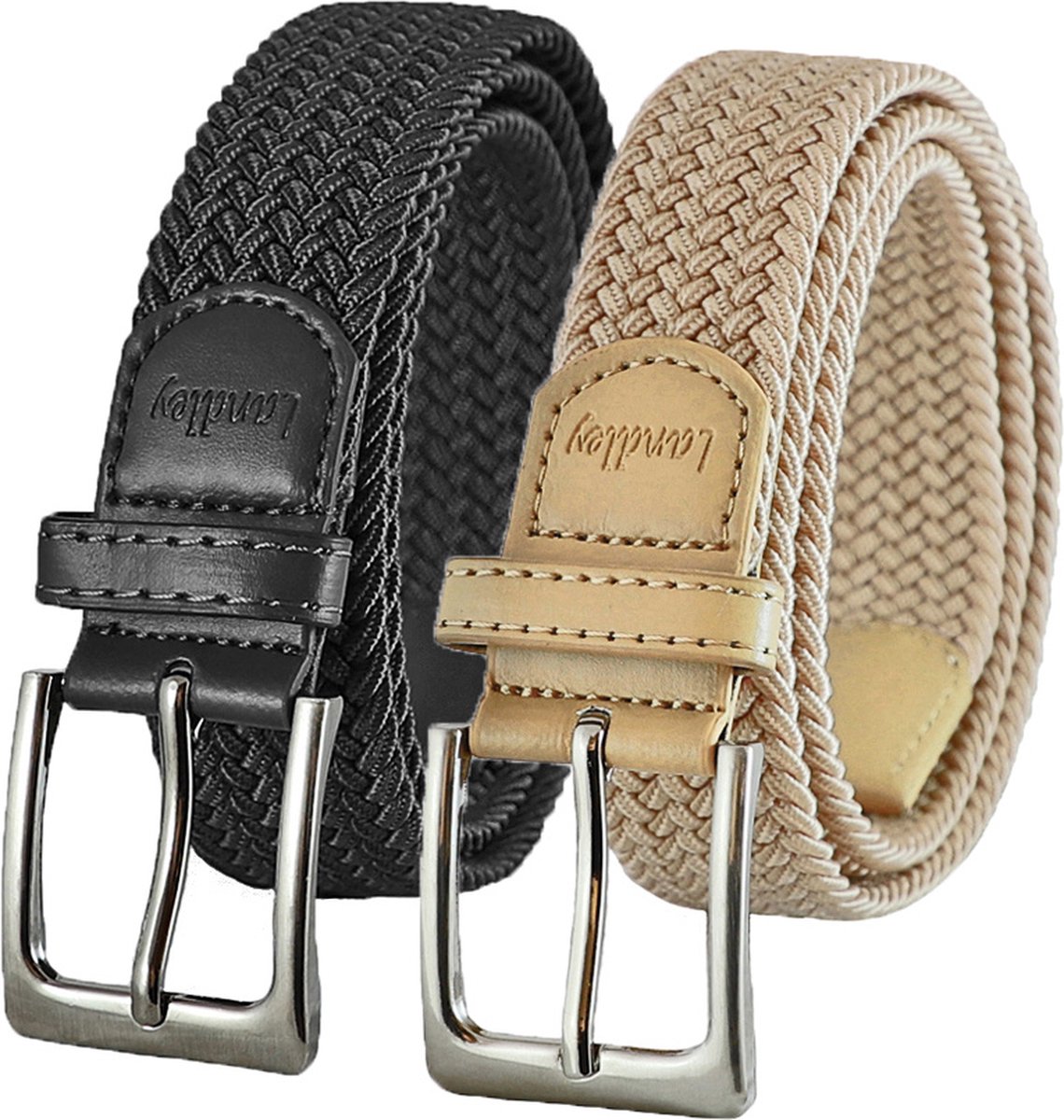 Landley Elastische Gevlochten Stretch Riemen Duopack - Voordeelset met 2 riemen - Dames en Heren - Zwart en Beige - Lengte totaal 120 cm / Riemmaat 105