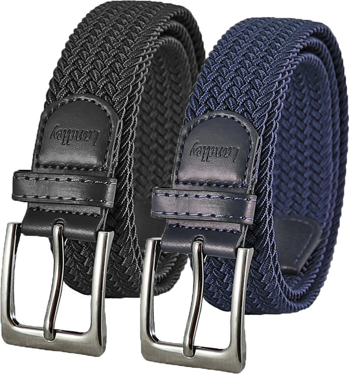 Landley Elastische Gevlochten Stretch Riemen Duopack - Voordeelset met 2 riemen - Dames en Heren - Zwart en Blauw - Lengte totaal 120 cm / Riemmaat 105