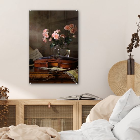 MuchoWow® Peinture sur verre 40x60 cm - Peinture sur verre acrylique - Violon - Roses - Rose - Fleurs - Nature morte - Photo sur verre - Décoration murale salon - Décoration murale chambre - Peintures