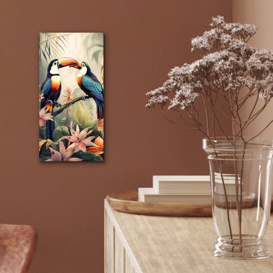 Décoration murale Métal - Peinture Aluminium Industriel - Toucan - Vogels - Fleurs - Nature - Jungle - 20x40 cm - Dibond - Photo sur aluminium - Décoration murale industrielle - Pour le salon/chambre