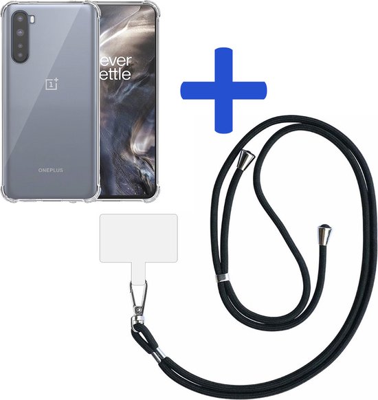 Transparante OnePlus Nord hoes en zwart telefoonkoord met universele hanger.