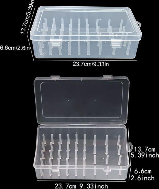 Opbergbox à coudre - Kit de couture - Plastique - Boîte à couture - Organiseur pour fournitures de couture - Panier à couture DIY - 42 Molinets - 23,7 x 13,7 x 6,6 cm - Transparent