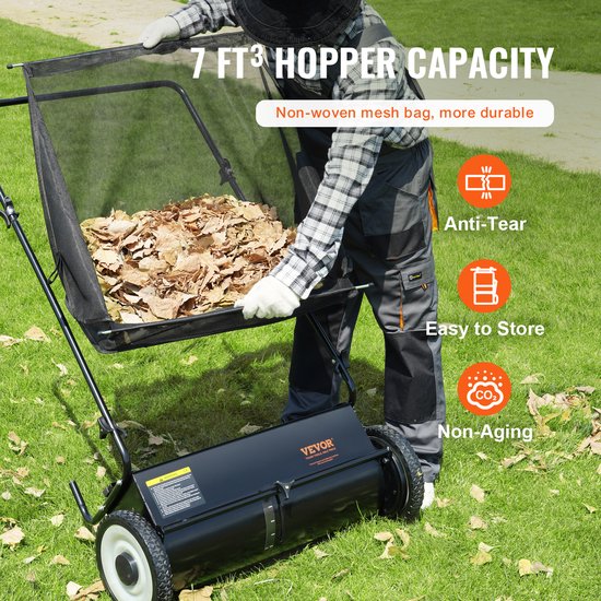 VEVOR Handgrasmaaier 66cm Veegbreedte Grasmaaier Handmatig 198L Capaciteit van de Opvangmand Kooimaaier 142x81x75cm Handkooimaaier Verstelbaar voor het Opvegen van Bladeren, Gemaaid Gras, Kleine Takken — afbeelding 3