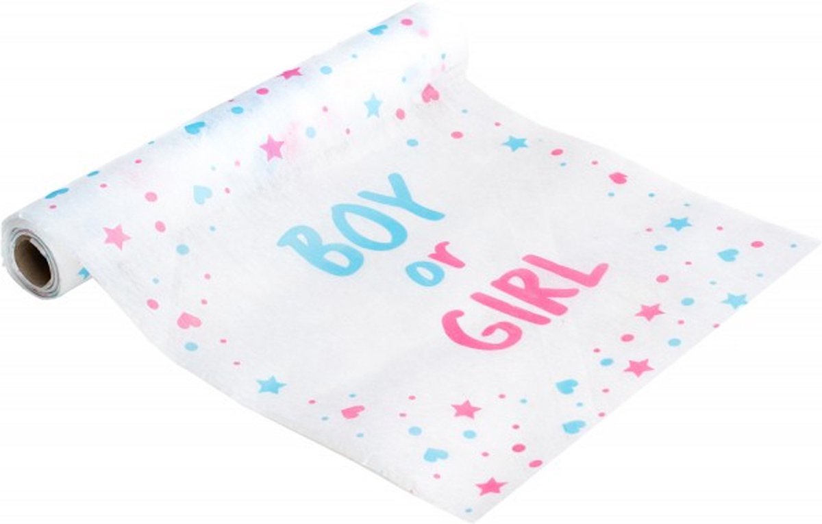 Chaks Baby Gender Reveal tafelloper - 2x - papier - op rol - roze/blauw - Boy or Girl - 5 meter