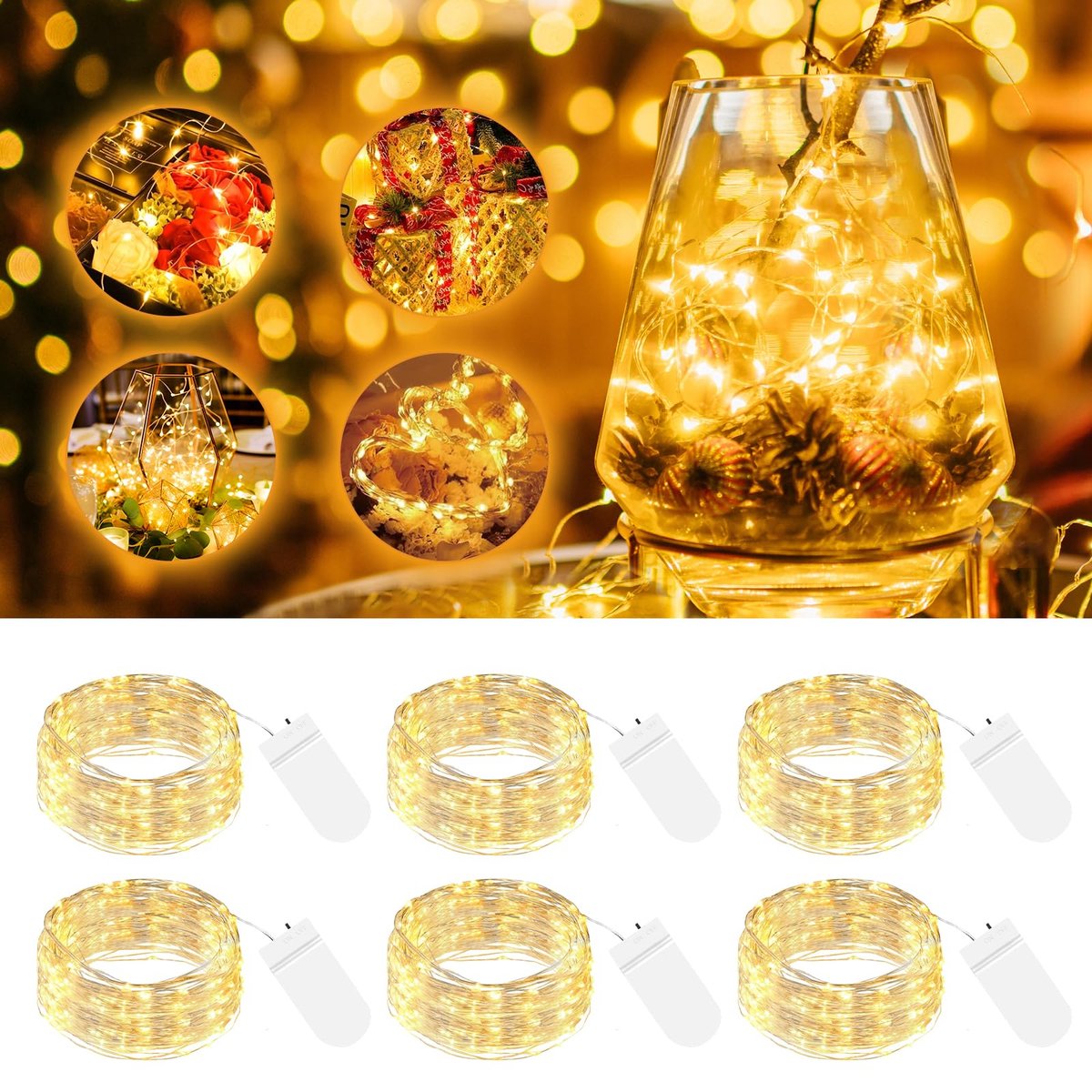 Lichtsnoer binnen en buiten - 6 Stuks - lichtsnoer op batterij -2 meter LED - Fairy Lights - Lampjes Slinger - Op Batterijen - Sfeerverlichting