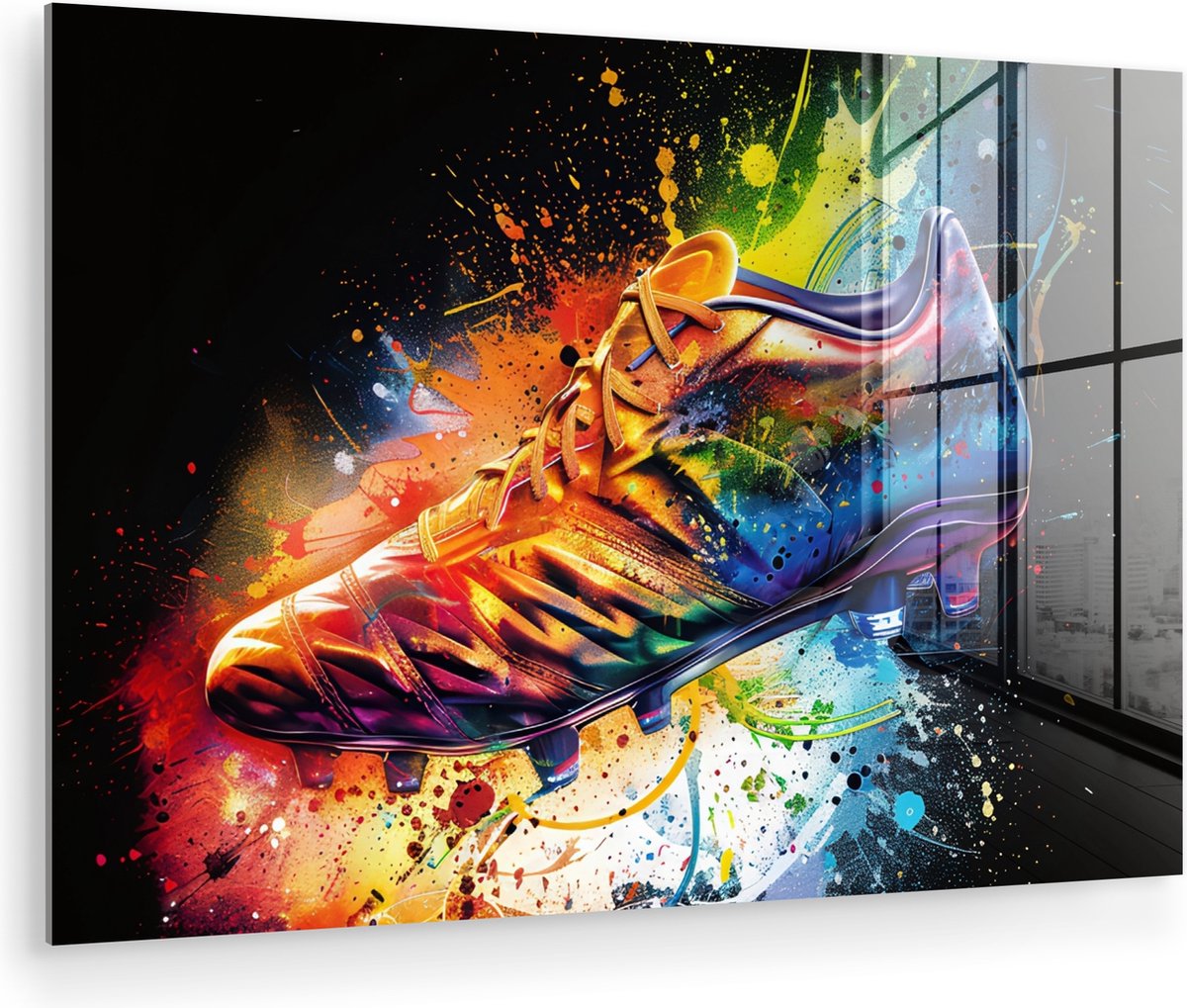 MuchoWow® Glasschilderij 120x80 cm - Schilderij acrylglas - Graffiti - Sport - Voetbal - Schoen - Verf - Foto op glas - Muurdecoratie woonkamer - Wanddecoratie slaapkamer - Schilderijen