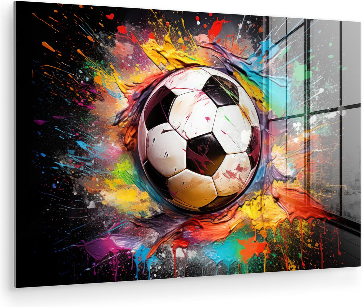 MuchoWow® Glasschilderij 180x120 cm - Schilderij acrylglas - Voetbal - Verf - Kleuren - Zwart - Wit - Foto op glas - Muurdecoratie woonkamer - Wanddecoratie slaapkamer - Schilderijen