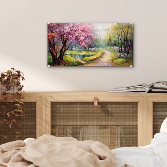 MuchoWow® Glasschilderij 40x20 cm - Schilderij acrylglas - Watercolor - Natuur - Bomen - Kunst - Bloemen - Foto op glas - Muurdecoratie woonkamer - Wanddecoratie slaapkamer - Schilderijen