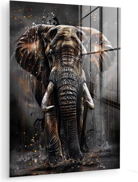 MuchoWow® Glasschilderij 60x80 cm - Schilderij acrylglas - Olifant - Watercolor - Wilde dieren - Luxe - Foto op glas - Muurdecoratie woonkamer - Wanddecoratie slaapkamer - Schilderijen
