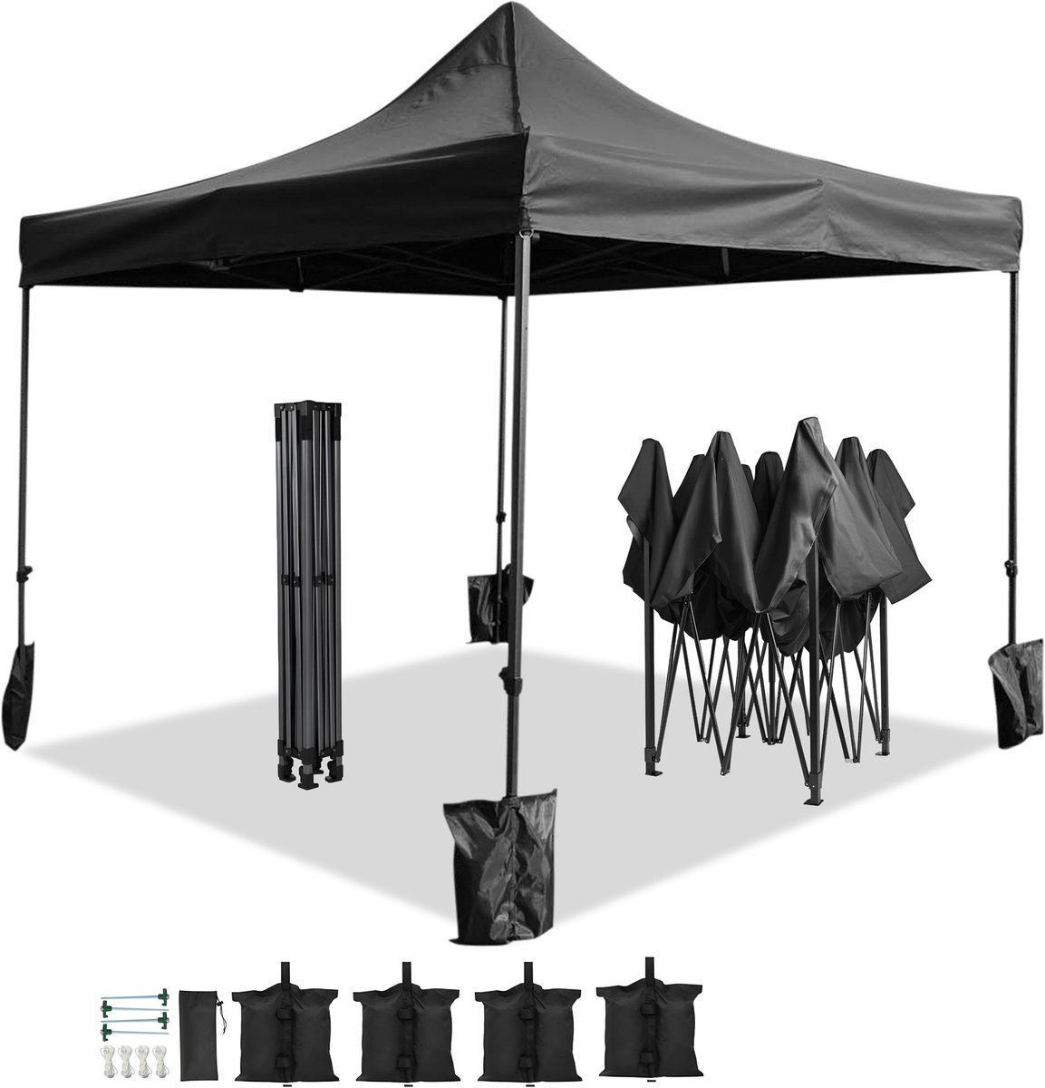 IvoQ Opvouwbare Partytent 3x3 m – Extra Stevig Model – Easy Up & Waterdicht – Incl. Zandzakken – Zwart