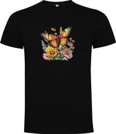 T-shirt Zwart avec imprimé « Papillon aux fleurs colorées - Printemps » en couleur, taille 4XL