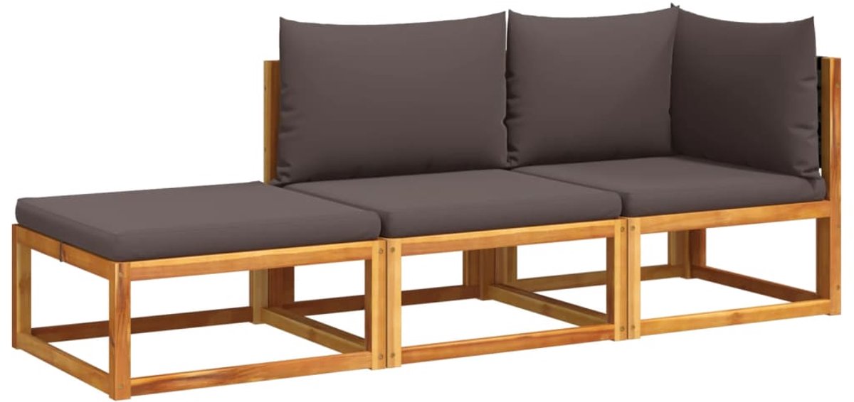 3-delige Loungeset van massief acaciahout met kussens in tuinsetting.