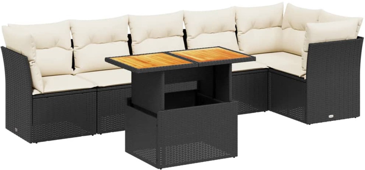 The Living Store 7-delige Loungeset met kussens poly rattan zwart - Loungeset - Tuinset - Lounge Set - Buitendecoratie - Tuinmeubels