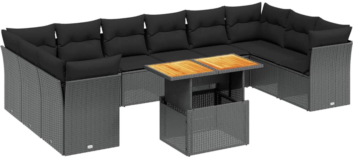 The Living Store 11-delige Loungeset met kussens poly rattan zwart - Loungeset - Tuinset - Buitenmeubels - Lounge Set - Zwarte Tuinmeubelen 11-delige Loungeset met zwarte poly rattan kussens - Tuinmeubels - Buitenmeubilair