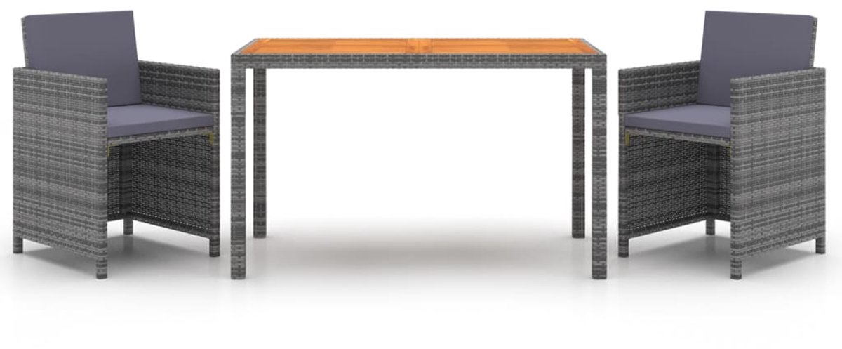 The Living Store 3-delige Tuinset met kussens poly rattan grijs - Eetkamertuin - Tuinset - Buiten Eetbank - Lounge Set - Acacia Hout