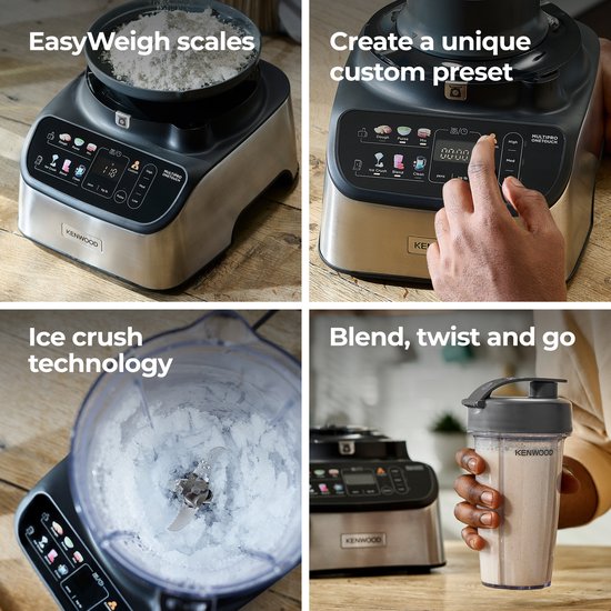 Robot culinaire Kenwood : balance EasyWeigh avec farine, écran tactile, broyage de glace et gobelet blend & go.