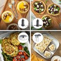 Collage de plats préparés avec un robot culinaire Kenwood : bols à petit-déjeuner, mini-pizzas, galettes de légumes et gâteau.