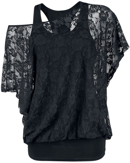 Gothicana Zwart dubbellaags kant t-shirt - Dames - XXL