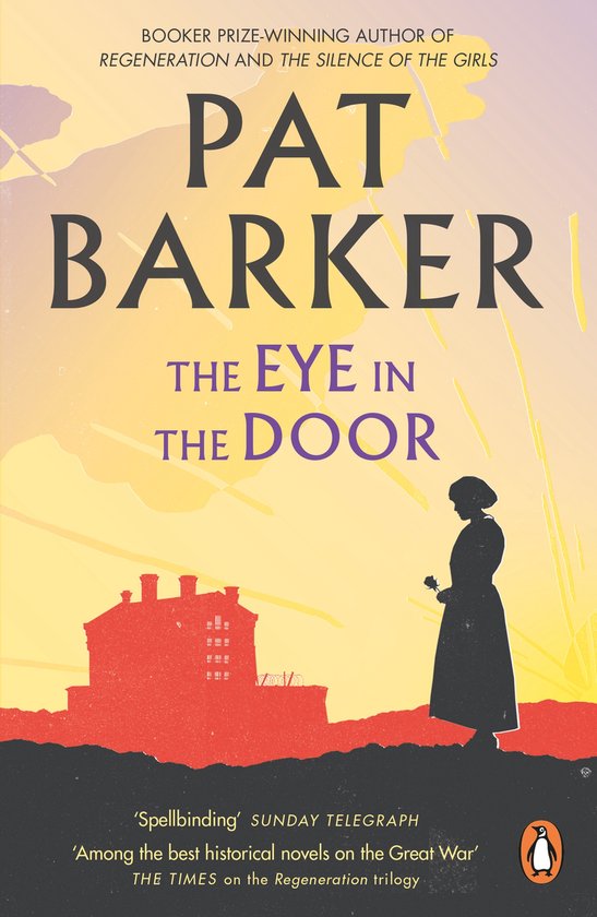 Couverture de livre : "The Eye in the Door" par Pat Barker. Silhouette d'une femme avec une église rouge en arrière-plan.