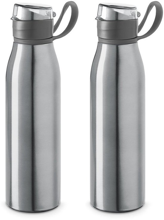 Waterfles - 2x - 650 ml - aluminium - klepdop - handvat - zilver - sportfles - bpa-vrij