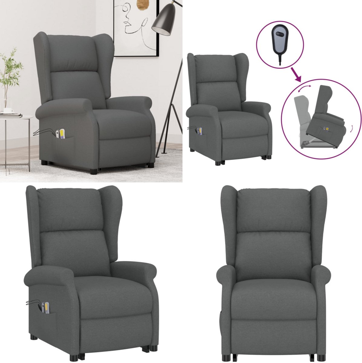 VidaXL Sta-op-massagestoel stof donkergrijs Sta-opstoel Sta-opstoelen Staopstoel Sta Op Stoel