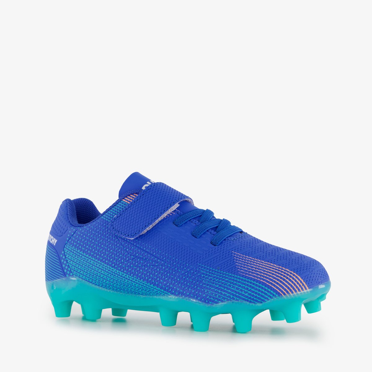 Blauwe kinder voetbalschoenen van Dutchy, maat 35, met uitneembare zool en rubberen FG zool voor grip.