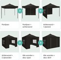 Illustraties die de verschillende configuraties van de partytent tonen: alleen het paviljoen, met achterwand, met achterwand en één zijwand, met achterwand en twee zijwanden, alle wanden met deur open, en alle wanden met deur dicht.