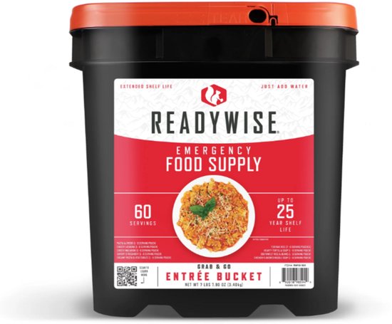 Zwarte en oranje emmer met 'Readywise Emergency Food Supply' erop. Geeft 60 porties en 25 jaar houdbaarheid aan.