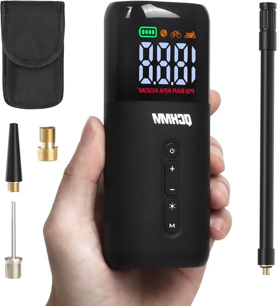 QCHMM Mini-fietspomp, elektrische fietspomp met digitale lcd-drukmeter, ultrakleine 120 psi fiets-luchtpomp, 500 mAh, type C oplaadbare accu, minipompen voor fietsen