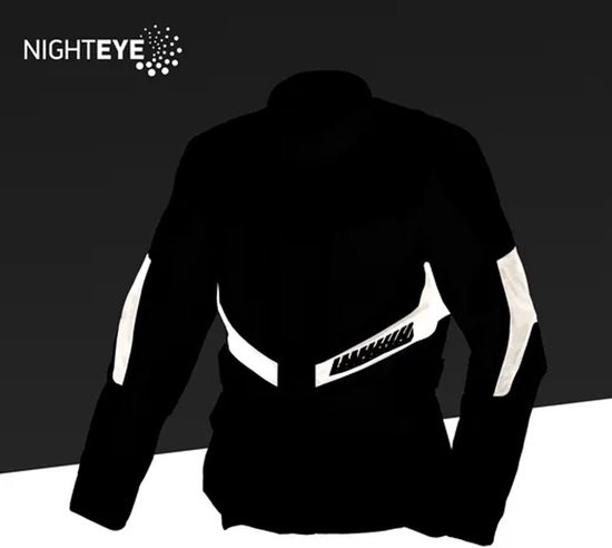 Zwarte jas met reflecterende witte banden op de mouwen en onderrug. "NIGHTEYE" logo linksboven.
