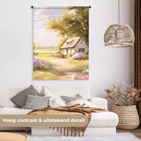 Tapisserie murale 90x120 cm - Tenture murale Maison - Bois - Fleurs - Tapisserie - Tapisseries