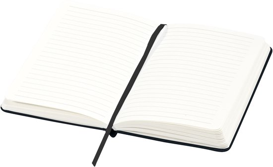 Open zwart notitieboek met lijntjes en zwart leeslint.