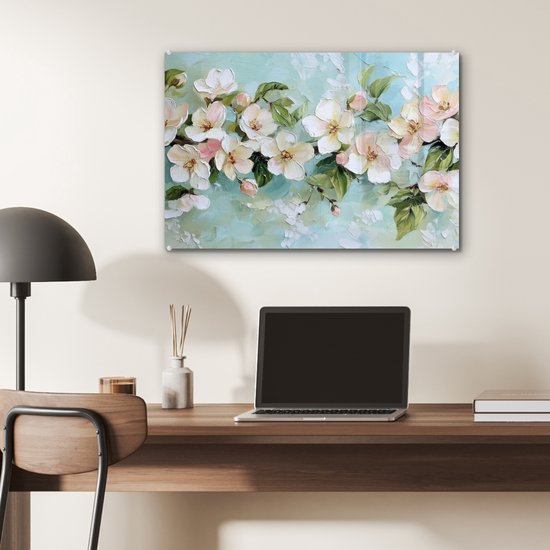 MuchoWow® Tableau sur verre 60x40 cm - Tableau acrylique sur verre - Fleurs - Feuilles - Bleu clair - Photo sur verre - Décoration murale salon - Décoration murale chambre - Peintures