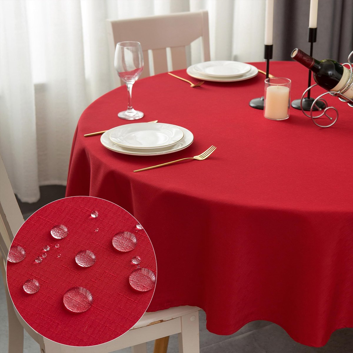 My Ninki ® Stijlvol Rood Rond Tafelkleed, Vlekbestendig en Waterafstotend, Ø 180 cm, Linnenlook Polyester