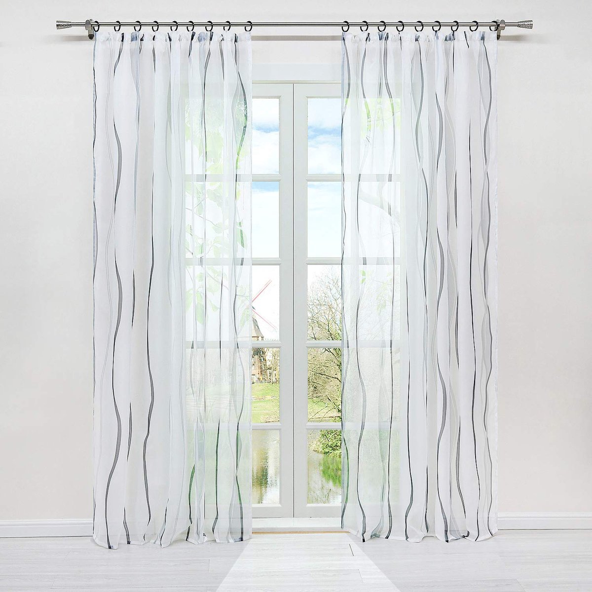 My Ninki ® Elegante Transparante Voile Gordijn met Modern Golvend Design voor Stijlvolle Interieurs wit zilver