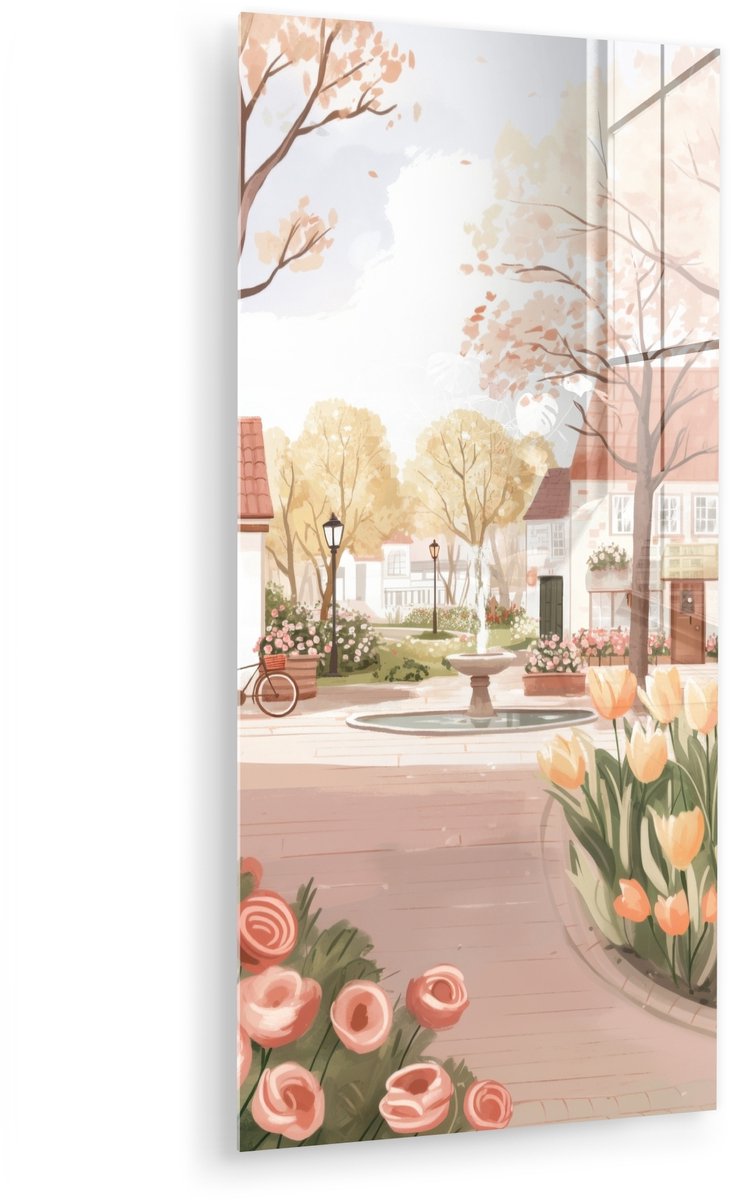 MuchoWow® Glasschilderij 40x80 cm - Schilderij acrylglas - Dorpsplein - Fontein - Tulpen -