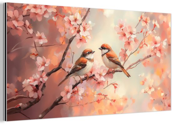 Schilderij op aluminium met twee vogels op een bloesemtak in zachte roze en oranje tinten.