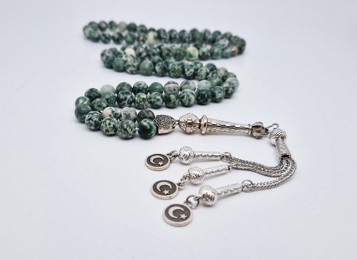 Handgemaakte tesbih "Tasbih" natuursteen "Qinghai hade" - Aantal kralen 99 - Diameter kralen 8MM - met metaal tassel "Vlag van Turkije" - Een mooi cadeau-idee