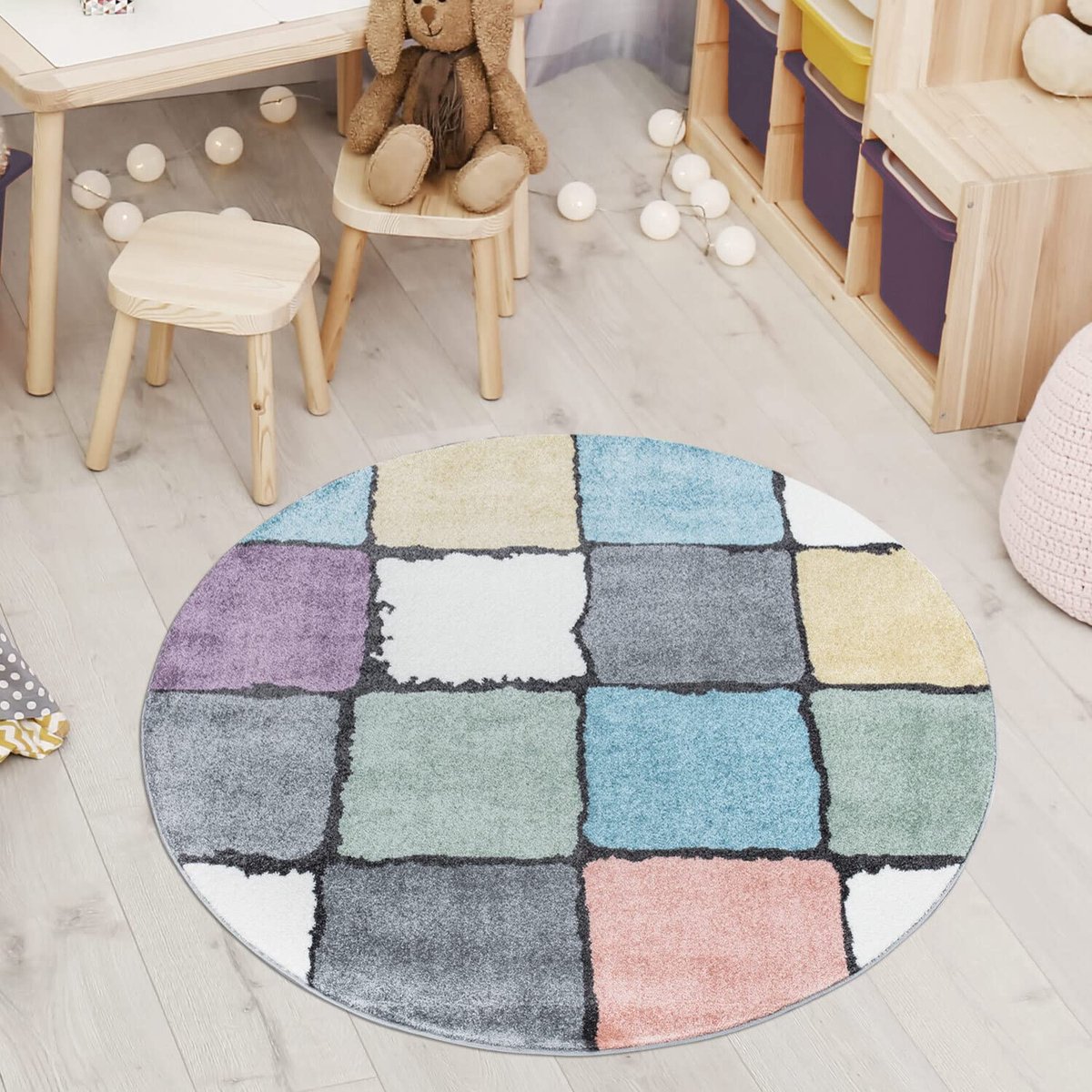 My Ninki ® Vrolijk Rond Vloerkleed voor Kinder- en Jeugdkamer met Modern Ruitpatroon - 120 cm - Laagpolig Design