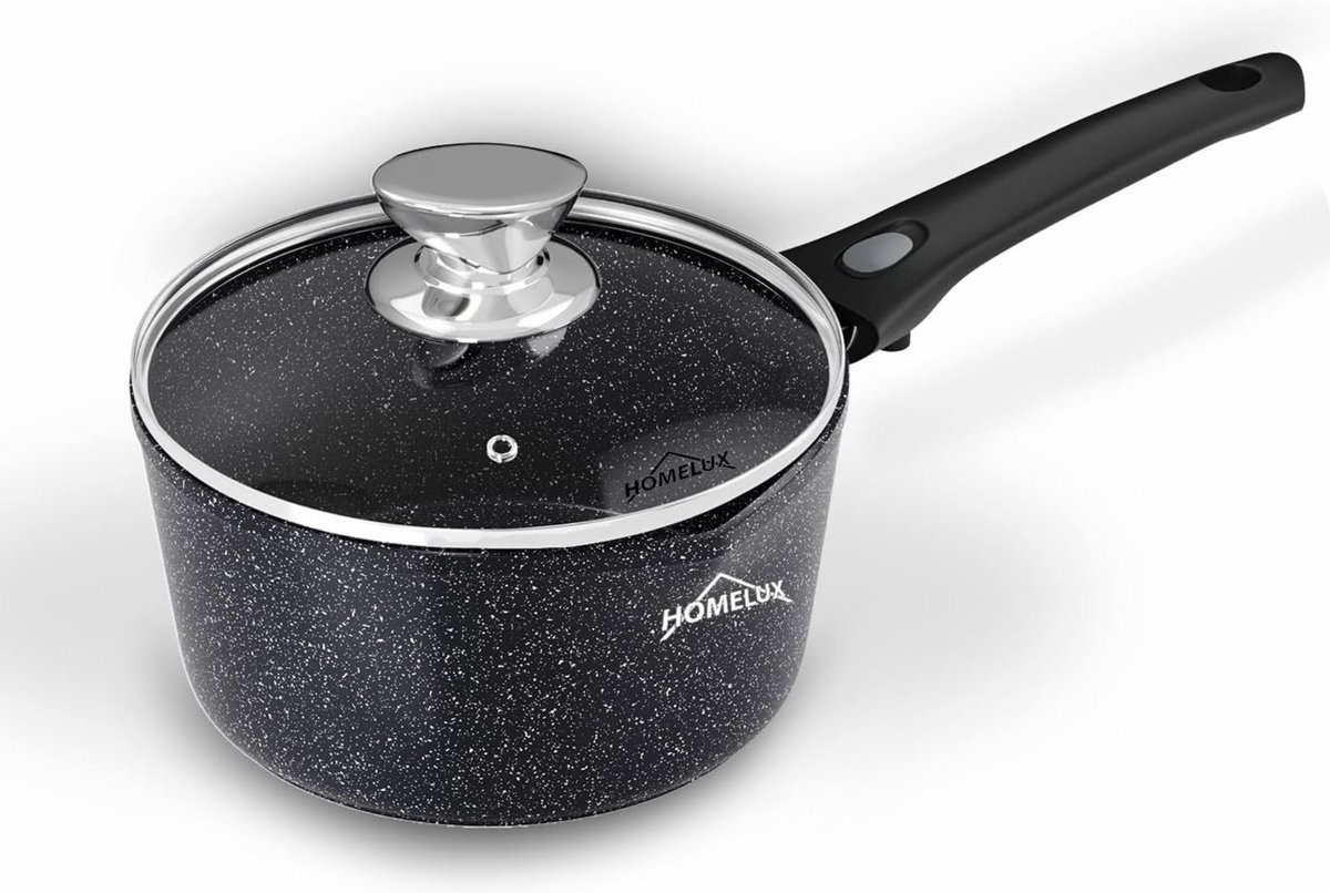 Homelux kookpan met schenktuit - Melkkan - Inductie pan Kleine kookpan 16 cm - 1,5 l pan - Kleine pan met deksel - Met afneembare handgreep - Aluminium antiaanbaklaag