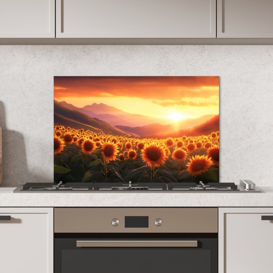 Crédence de Cuisinière en Aluminium 70x50 cm - Tournesols - Coucher de soleil - Paysage - Écran Pare-éclaboussures pour Plaque de Cuisson - Protection Murale